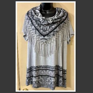 One World Women's Short Sleeve Tee with Fringe Scarf
